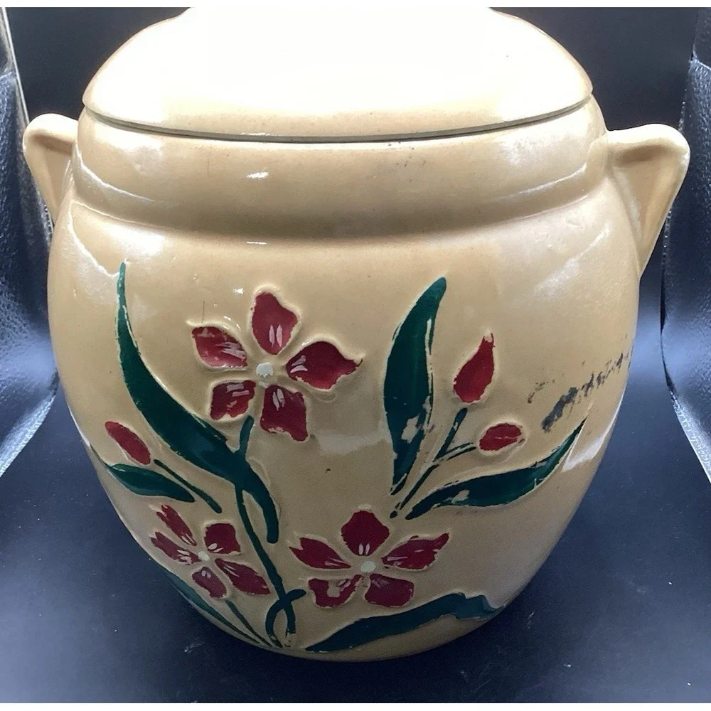 VTG Early Hand Painted Stoneware Bean Pot Cookie Jar Crock As Is Flowers‎